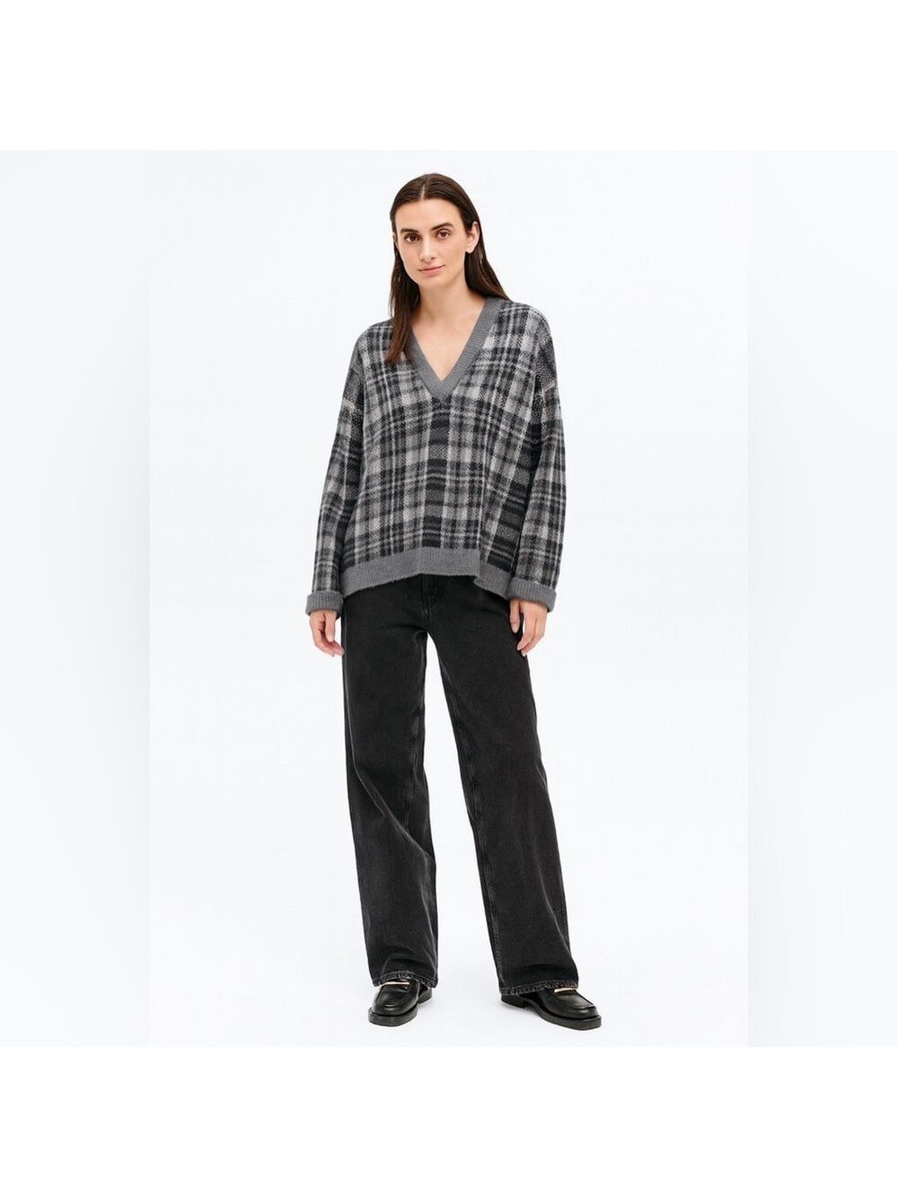 Banana REPUBLIC Wool Blend with Mohair Boxy Oversized Plaid Vee Neck Sweater XS